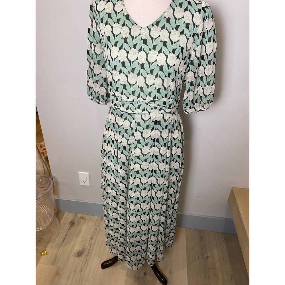 SweetSalt Green White Floral Tulip Maxi Dress V-Neck Puff Sleeve Sz S